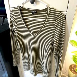 Express Long Sleeve V-Neck Tee Striped Olive Green and White medium cotton